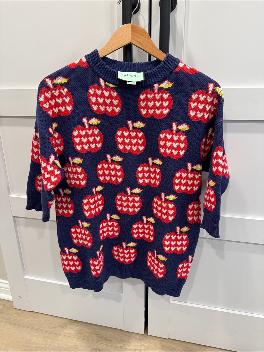 Gucci Navy & Red Apple Knit Sweater Top